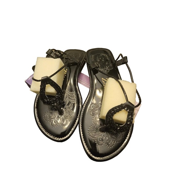 Zelos Shiny Black Slides Sandals w/Tie Straps- size 8M - Picture 1 of 4